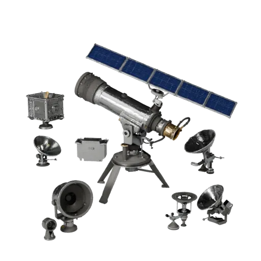 Portable Telescope 3D model, three-quarter front view, Unreal Engine viewport, showing metal tubes, optical alignment.