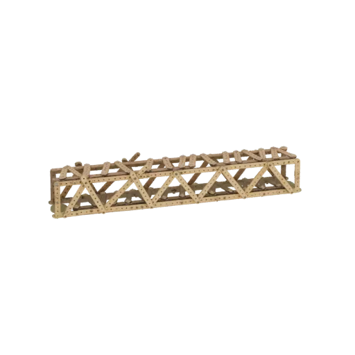 3D model of a section of a wooden lattice truss bridge, showing detailed wooden beams and triangular supports against a black