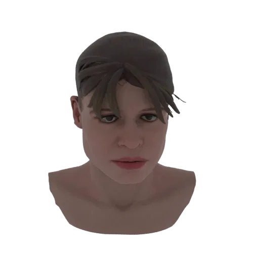 3D render of an AI-generated female head bust with brown, tousled hair and a neutral expression, set against a black backgrou