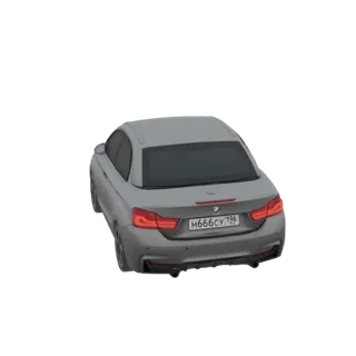 Drei-Viertel-Ansicht von hinten eines silbernen BMW 4er Cabrio 3D-Modells mit russischem Nummernschild.