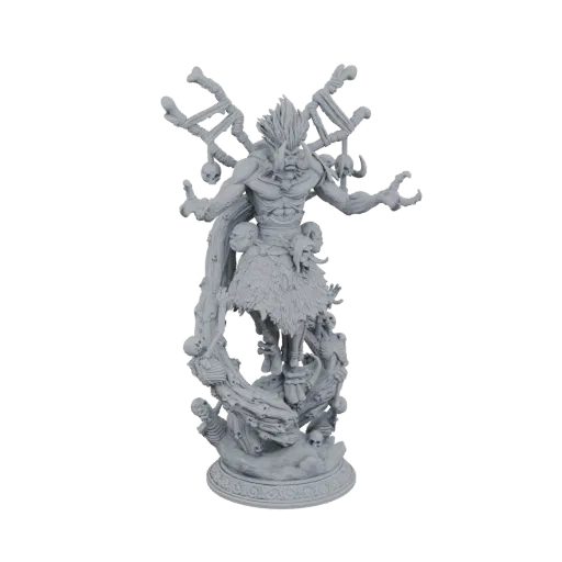 3D model of a tribal shaman with bone headdress and skull adornments, standing on an ornate base.