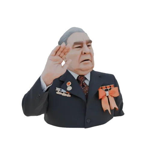 3D model of Leonid Brezhnev in a dark suit, giving a formal salute with medals and an orange sash.