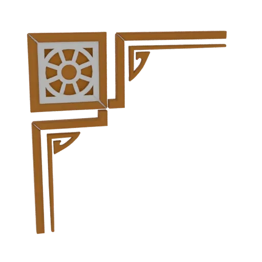 3D model of an ornate corner decor piece with a central geometric pattern and wood-like finish.