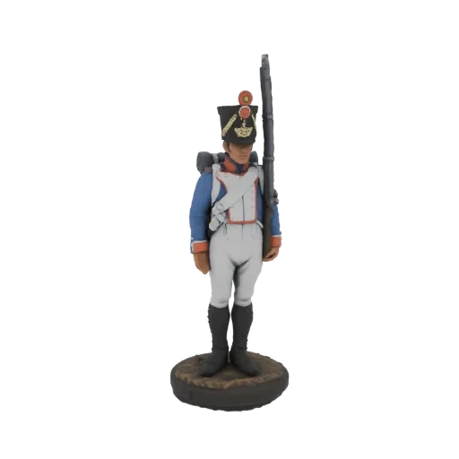 3D model of a Napoleonic era soldier in uniform, holding a musket, standing on a textured base.