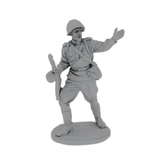 Modello 3D di un soldato sovietico in posa dinamica, che urla e impugna una mitraglietta PPSh-41, su una base circolare.