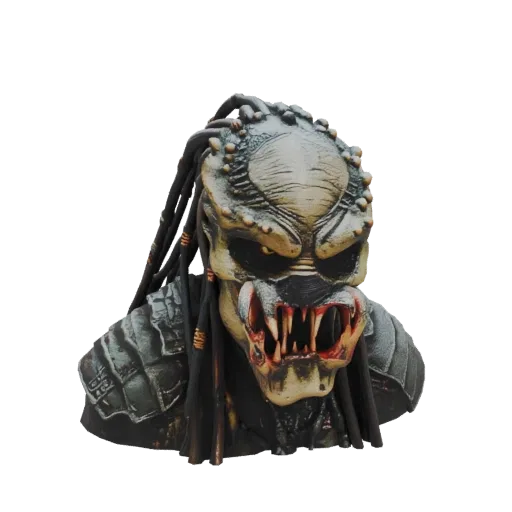 3D model render of a Predator mask bust with detailed mandibles and dreadlocks, set against a white background.