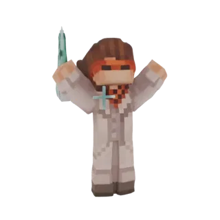 Modello 3D di un personaggio dottore in stile Minecraft con camice bianco, occhiali arancioni, che tiene una siringa blu e al