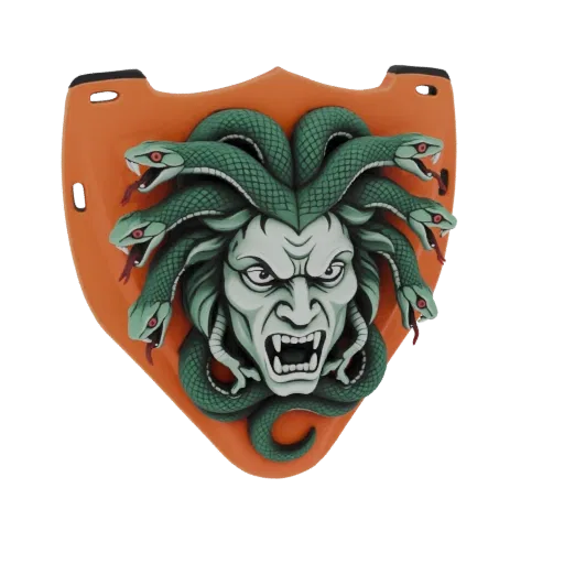 3D model of Medusa's head with snake hair, baring fangs, on an orange shield, rendered with detailed textures and lighting.