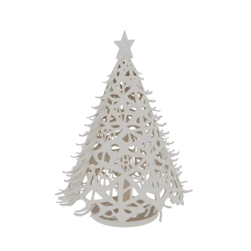 A 3D render of a white filigree Christmas tree with a star on top, against a black background.