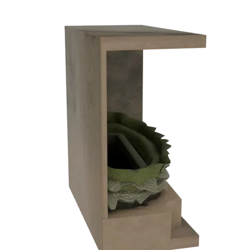 3D model of a weathered, multi-tiered shelf with a textured, organic growth resembling moss or alien flora spilling over its