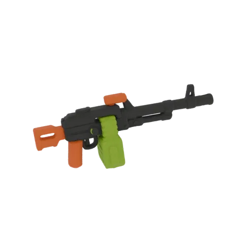 3D model of a toy machine gun with a black body, orange stock and grip, and a green drum magazine, set against a white backgr