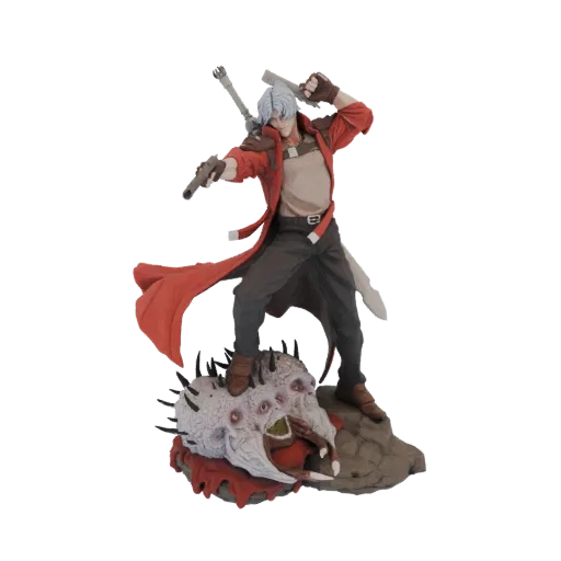 3D model of Dante from Devil May Cry in an action pose, holding two pistols and a sword, standing on a demon.