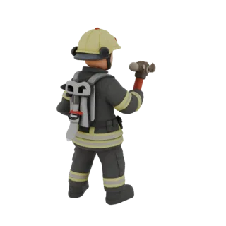 3D model of a firefighter in black gear with yellow stripes, wearing a helmet, with a breathing apparatus on their back, hold