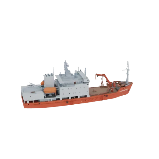 3D model of a detailed research vessel with a red hull, white superstructure, a prominent orange crane, and lifeboats, shown