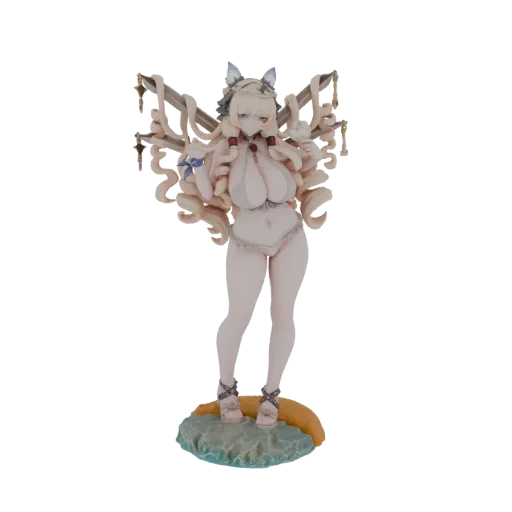 3D model of a blonde angelic figure wearing a bikini, with flowing hair and wing-like accessories, standing on a textured bas