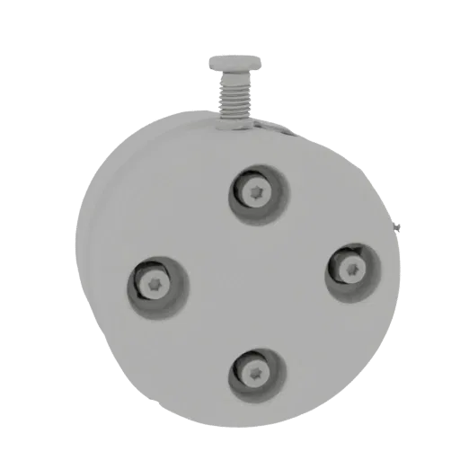 Modelo 3D de flange redonda de 70 mm de diâmetro com três furos para parafuso M6 e parafuso de fixação central, vista frontal