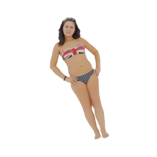 3D model of a woman wearing a Union Jack bikini and posing with hands on her hips, against a white background.