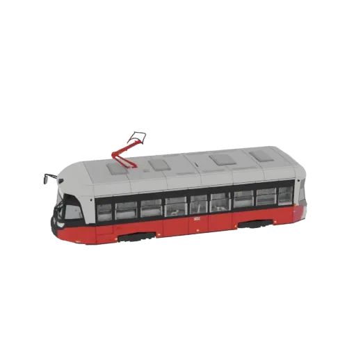 Eine 3D-Modell-Renderung einer modernen Straßenbahn mit rot-weißem Unterkörper und weißem Oberkörper, großen Fenstern und ein