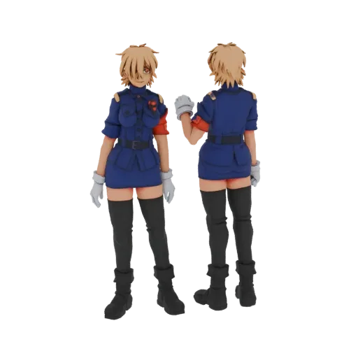 Modèle 3D fille militaire anime en uniforme bleu, vu de face et de dos.
