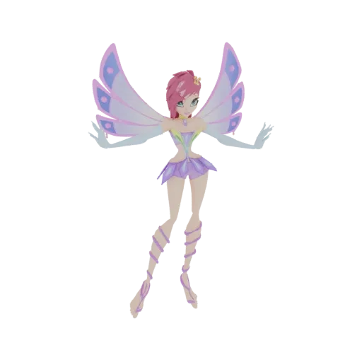 3D model of a fairy princess with pink hair, delicate purple and blue butterfly wings, and a flowing pastel outfit, posed gra