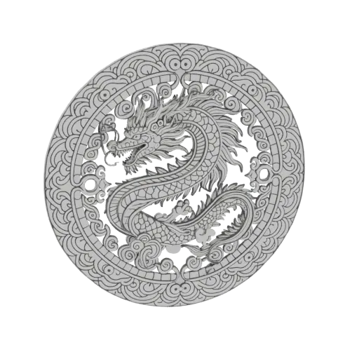3D-Modell eines runden Medaillons mit einem detaillierten östlichen Drachen in der Mitte, umgeben von verzierten Wolkenmuster