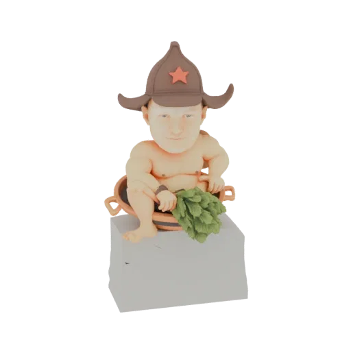 3D model render of a stylized man in a bath, wearing a brown hat with a red star, holding a green bath whisk, seated on a sto
