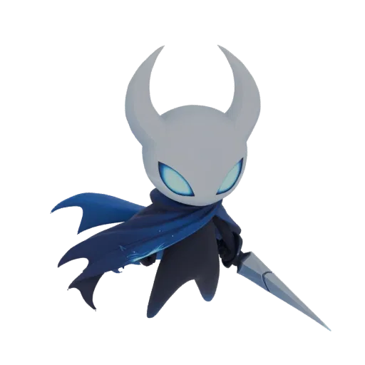 Modèle 3D d'un personnage Chevalier Chibi stylisé avec masque blanc, yeux bleus lumineux et cape bleu foncé fluide, tenant une épée.