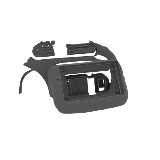 3D model of a car dashboard trim set, featuring a central console piece with a screen cutout and two smaller upper trim eleme