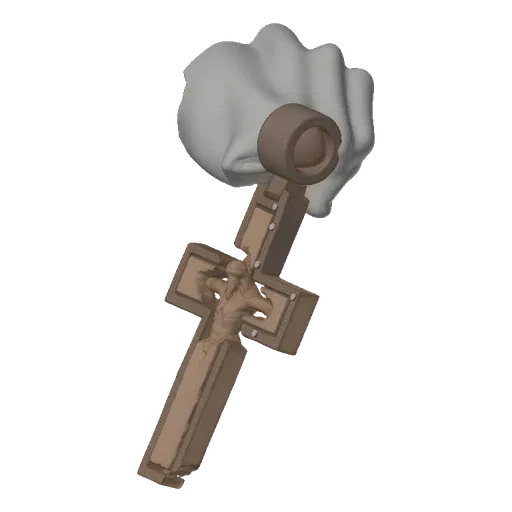 3D model render of an ornate crucifix pendant with a detailed figure of Jesus, hanging from a loop.