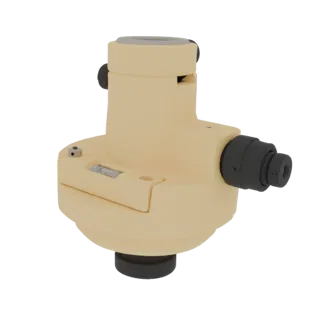 3D model of a vintage surveying level instrument with a beige body and dark grey eyepiece, set against a white background.