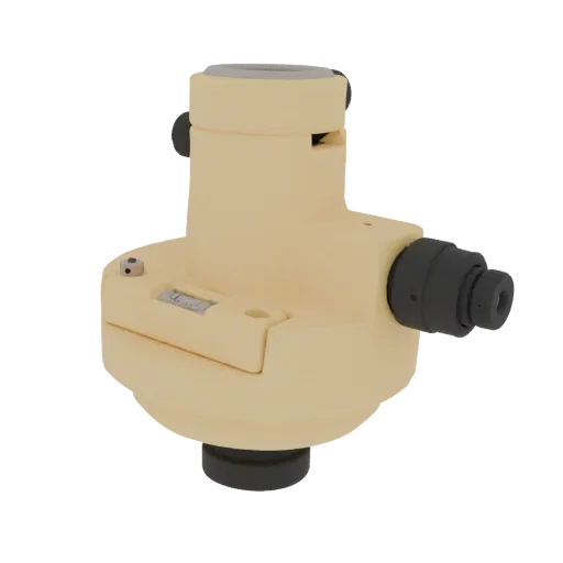 3D model of a vintage surveying level instrument with a beige body and dark grey eyepiece, set against a white background.