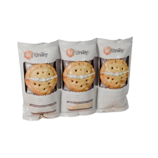 Sealed Cookie Pack 3D model, three-quarter front view, Unity viewport, showing cardboard, package massing.
