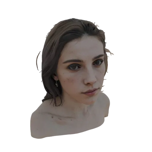 3D model of a young woman with brown hair, dark eyes, and freckles, looking towards the viewer.