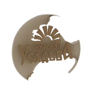 3D render of a cracked circular emblem with a sunburst and Russian text 'НАРОДСКАЯ УСАДЬБА'