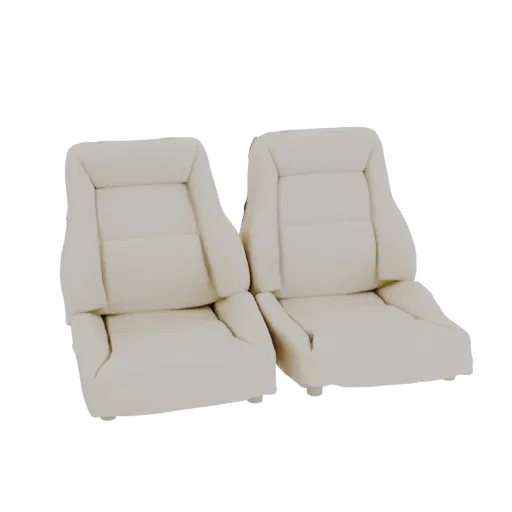 A 3D render of two cream leather bucket seats, viewed from a slight angle, against a black background.