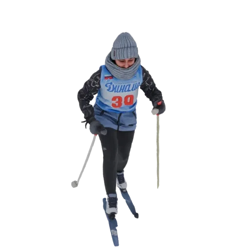 3D model of a young female cross-country skier wearing a blue bib with number 30, grey hat, and scarf, mid-stride with skis a
