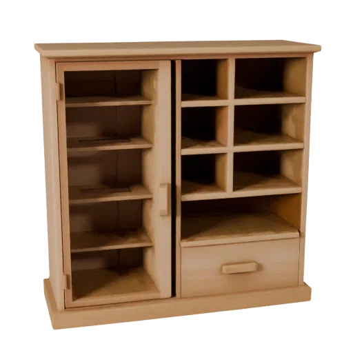 Wall Mounted Cabinet Low Poly 3D model, dining room, game viewport three-quarter view, painted wood detail.