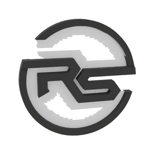 3D model render of the 'RS' logo as a circular emblem, featuring layered dark gray and white elements with a metallic finish.