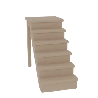 Un rendering 3D di una scala in legno minimalista con sei gradini e un pianerottolo, presentato su uno sfondo bianco.