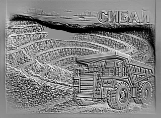 3D model of a bas-relief depicting a mining dump truck in Sibay quarry, side view