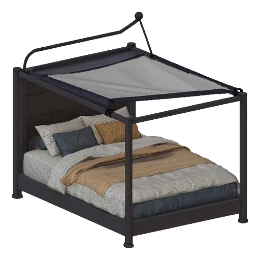 Canopy Queen Bett spielbereites 3D-Modell, Front-Dreiviertel-Studio-Rendering, das die Silhouette und den Oberflächenkontrast