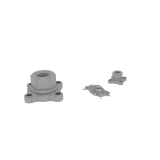 3D-Modell einer industriellen Flanschmuttern-Baugruppe, das eine auf eine Flanschbasis mit Schraubenlöchern geschraubte Mutte