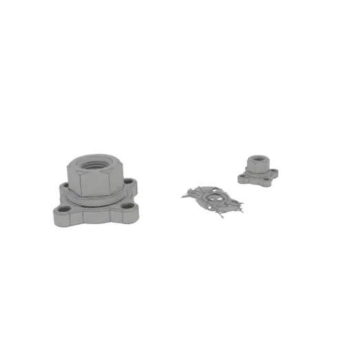 3D-Modell einer industriellen Flanschmuttern-Baugruppe, das eine auf eine Flanschbasis mit Schraubenlöchern geschraubte Mutte