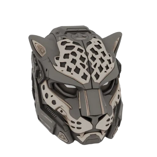 A detailed 3D render of a cybernetic leopard mask, featuring grey and beige robotic plating with intricate geometric patterns