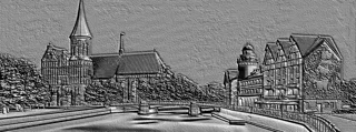 3D model of an antique European city bas-relief with a cathedral, bridge, and buildings