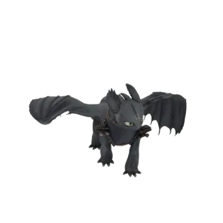 A 3D model of Toothless, the black Night Fury dragon from How to Train Your Dragon, with wings spread and looking forward.