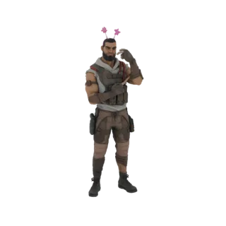 Modelo 3D de un hombre con equipo táctico y diadema de estrella rosa, con expresión pensativa.