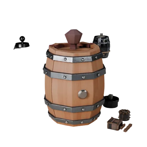 Modello 3D Barile Pirata Low Poly, vista tre quarti del viewport di gioco, che mostra assi di legno, massa impilabile.