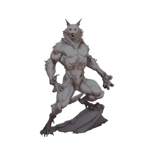 Modelo 3D de un guerrero lobo musculoso en pose dinámica y agresiva sobre una base rocosa, renderizado en escala de grises.
