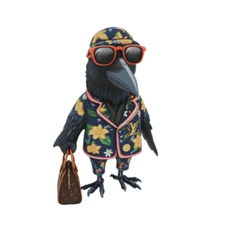 Modèle 3D d'un corbeau noir portant une chemise hawaïenne, des lunettes de soleil et un sac style Louis Vuitton, se tenant av